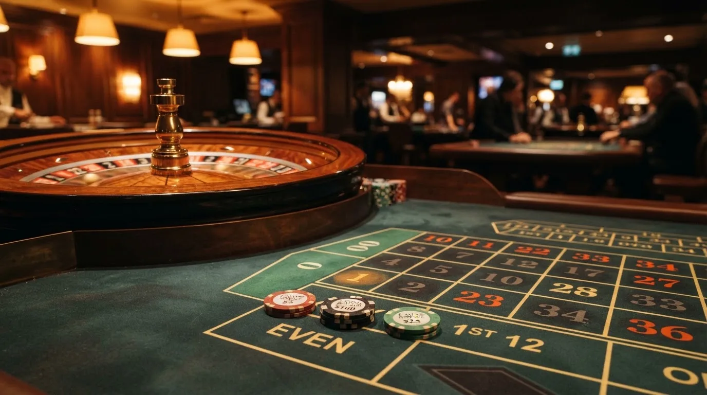 Rulettehjul og sjetonger på grønn filt i varmt kveldslys — 10 kr casinoer i norge