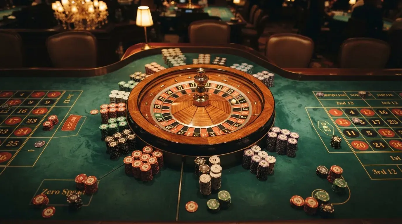 Rulettehjul og sjetonger på grønn filt i varmt kveldslys — 100 kr casinoer i norge
