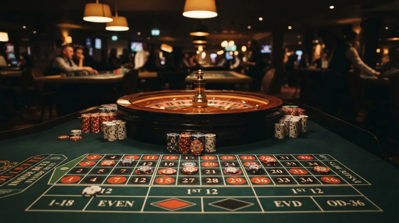 Rulettehjul og sjetonger på grønn filt i varmt kveldslys — 20 kr casinoer i norge