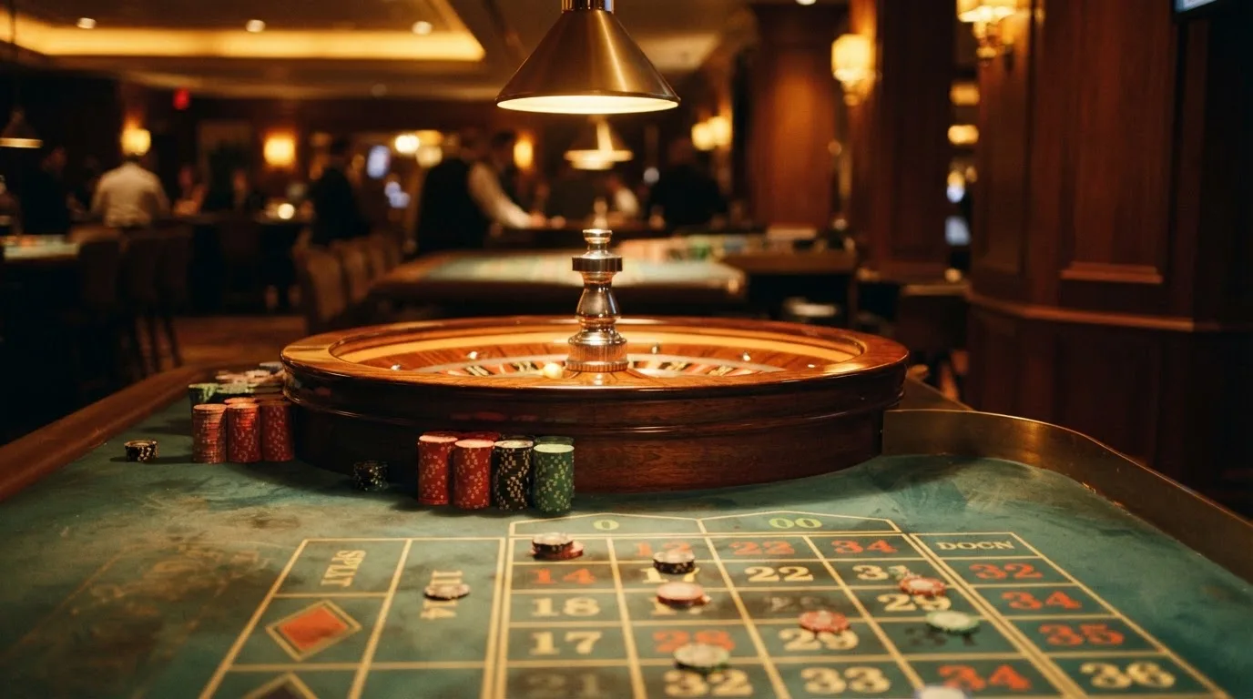 Rulettehjul og sjetonger på grønn filt i varmt kveldslys — anmeldelser av norske casinoer