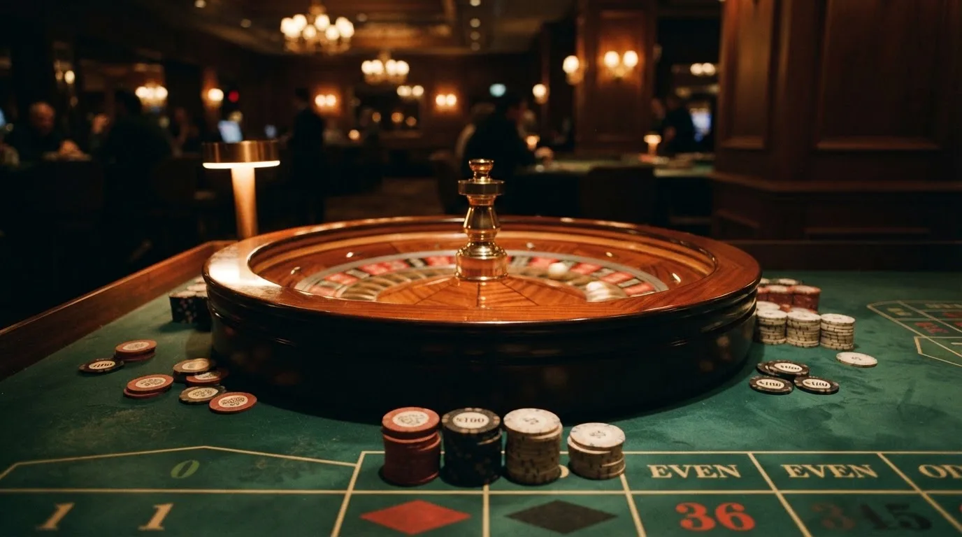 Rulettehjul og sjetonger på grønn filt i varmt kveldslys — beste blackjack i norge