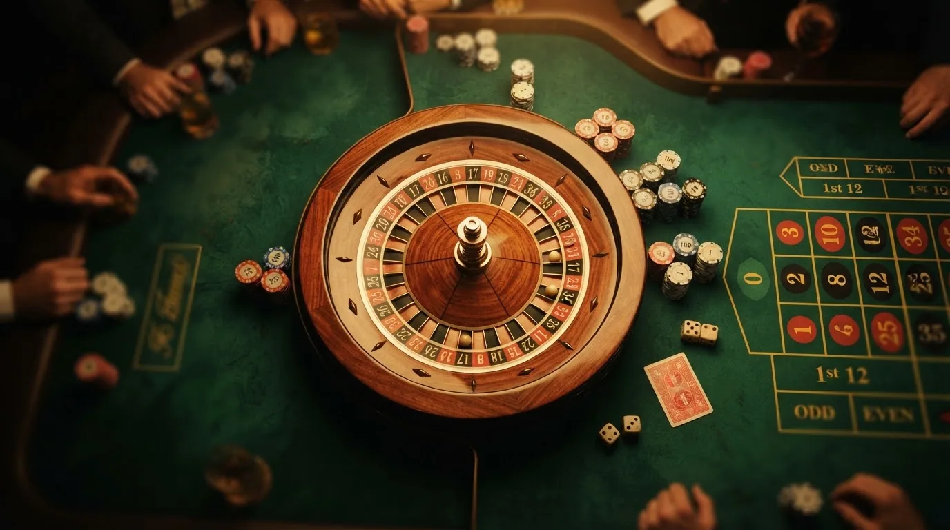 Rulettehjul og sjetonger på grønn filt i varmt kveldslys — beste bonuser på norske casinoer