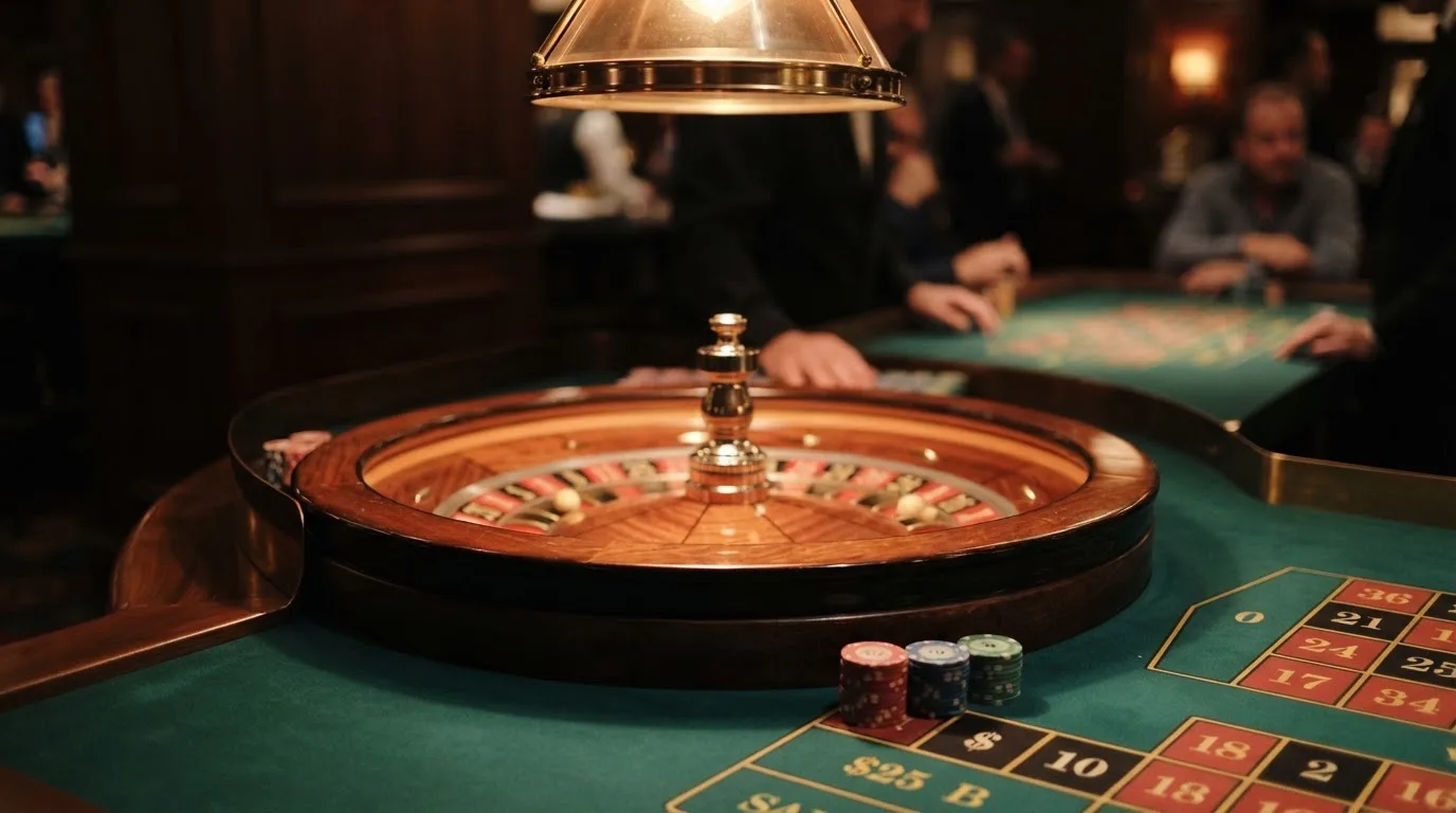 Rulettehjul og sjetonger på grønn filt i varmt kveldslys — beste casino spilleautomater
