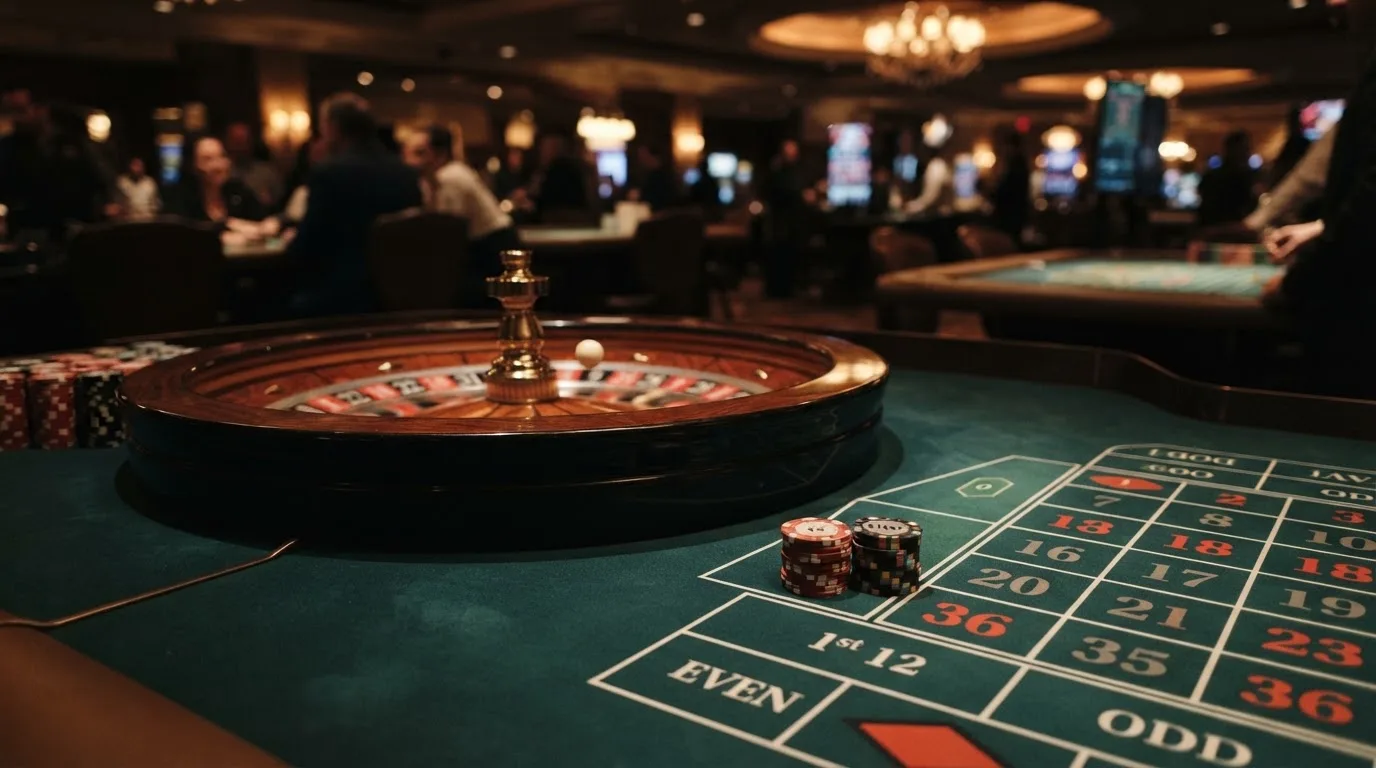 Rulettehjul og sjetonger på grønn filt i varmt kveldslys — beste casinobonuser i norge