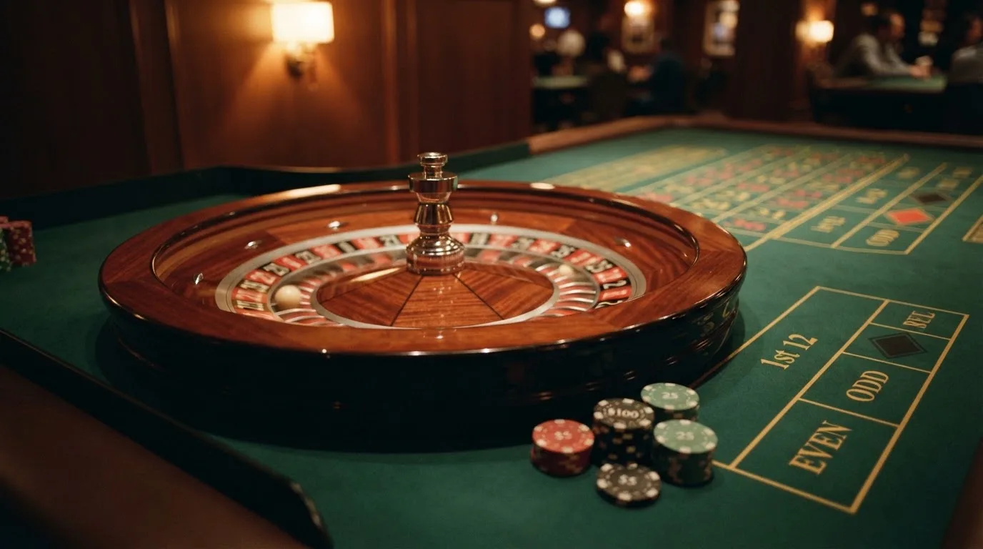 Rulettehjul og sjetonger på grønn filt i varmt kveldslys — beste casinoer med baccarat