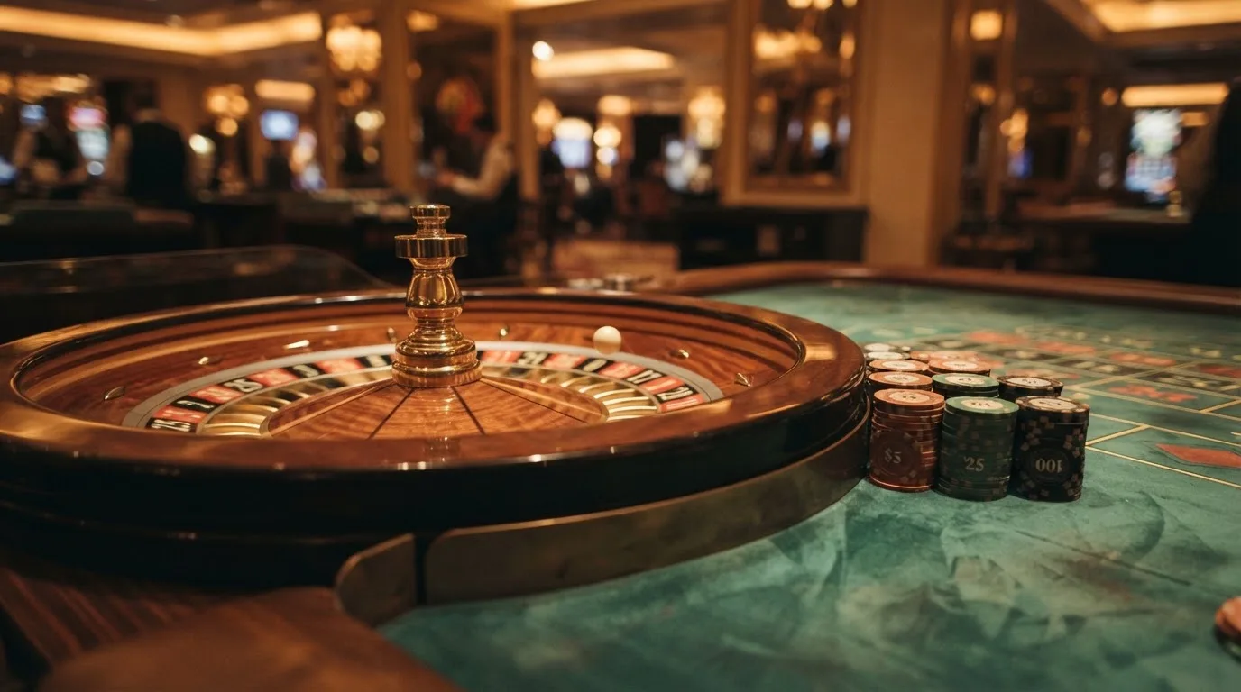 Rulettehjul og sjetonger på grønn filt i varmt kveldslys — beste utenlandske casinoer