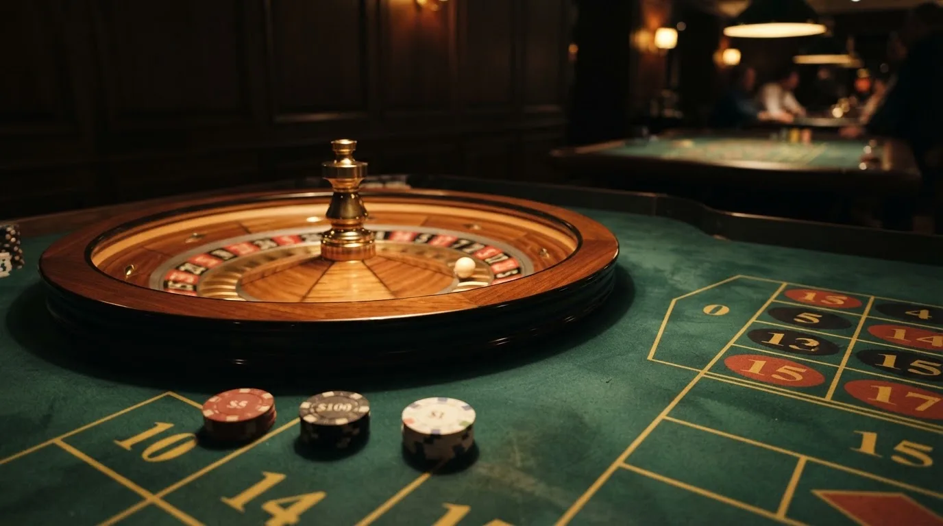 Rulettehjul og sjetonger på grønn filt i varmt kveldslys — bonuser på nettcasino