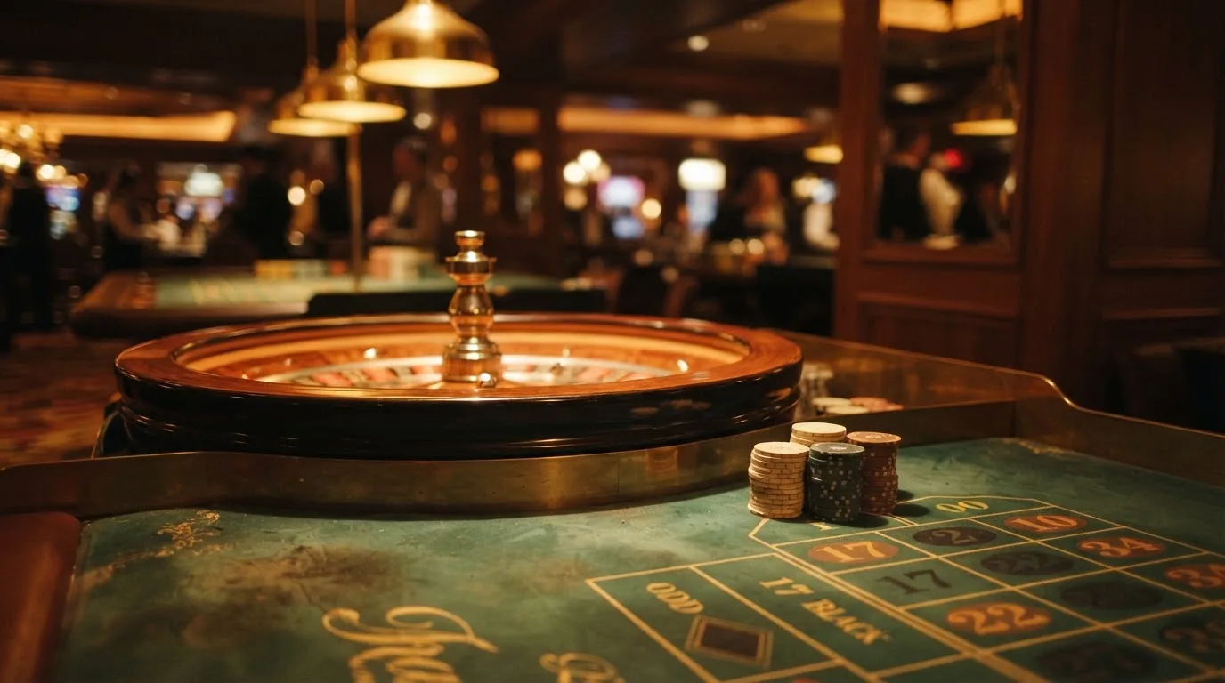 Rulettehjul og sjetonger på grønn filt i varmt kveldslys — casino slots in norway
