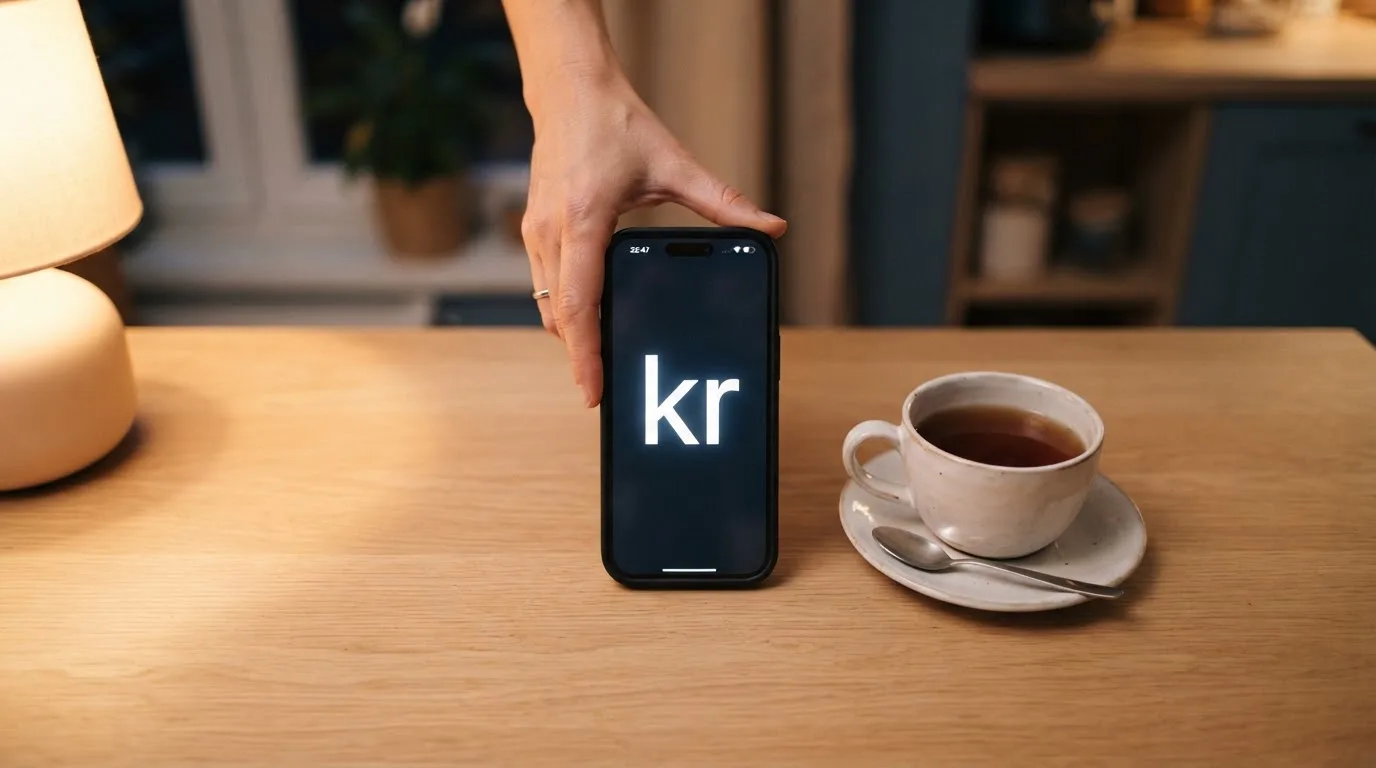 Hånd holder en mobiltelefon ved siden av en kopp te ved et kjøkkenbord en rolig kveld — casino tipping i norge