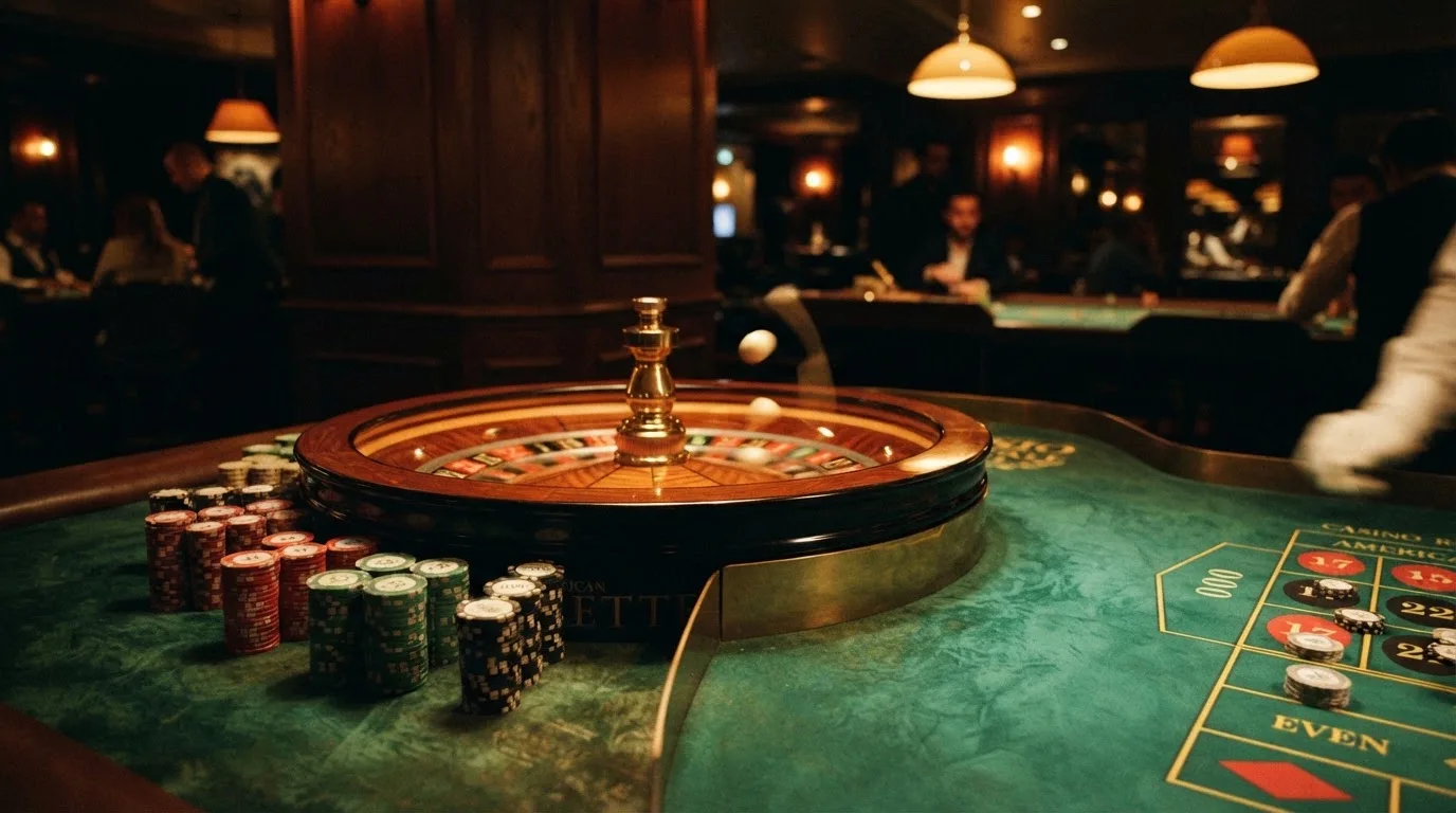 Rulettehjul og sjetonger på grønn filt i varmt kveldslys — casino tipping i norge