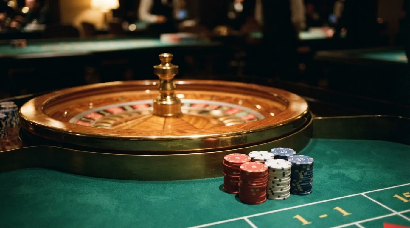 Rulettehjul og sjetonger på grønn filt i varmt kveldslys — casino uten lisens i norge