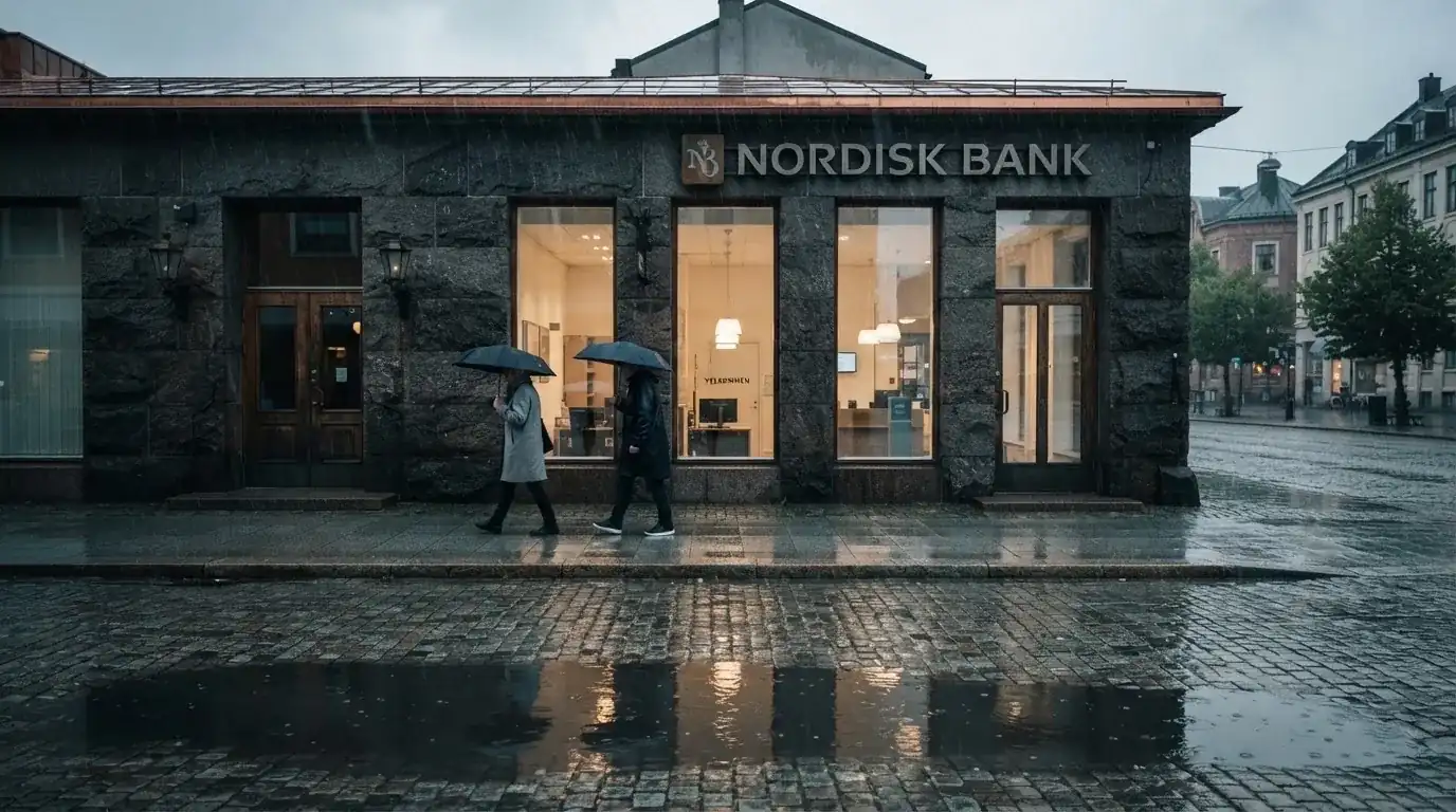 Lav bankbygning i stein med store vinduer i regnvær, folk med paraplyer foran