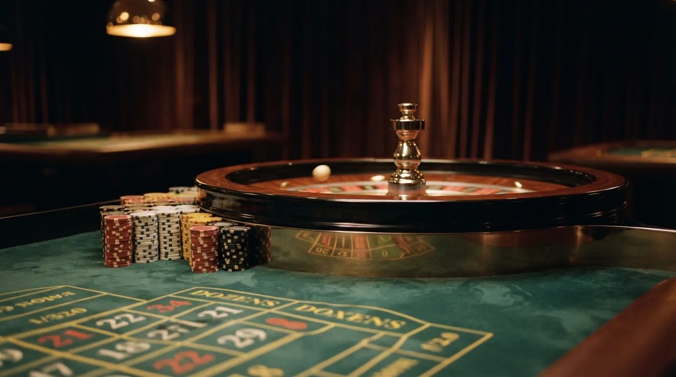 Rulettehjul og sjetonger på grønn filt i varmt kveldslys — casinoer med bitcoin i norge