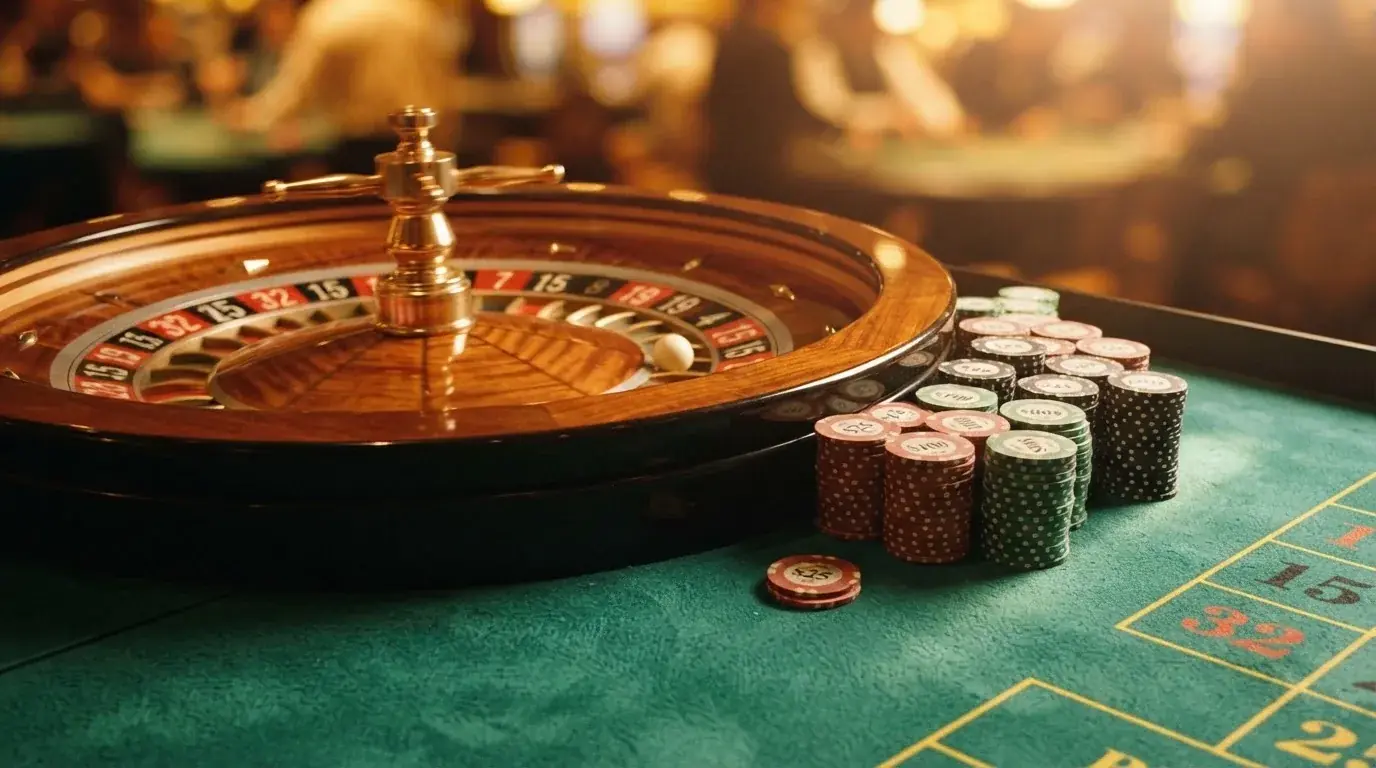 Rulettehjul og sjetonger på grønn filt i varmt kveldslys — casinoer med dogecoin i norge