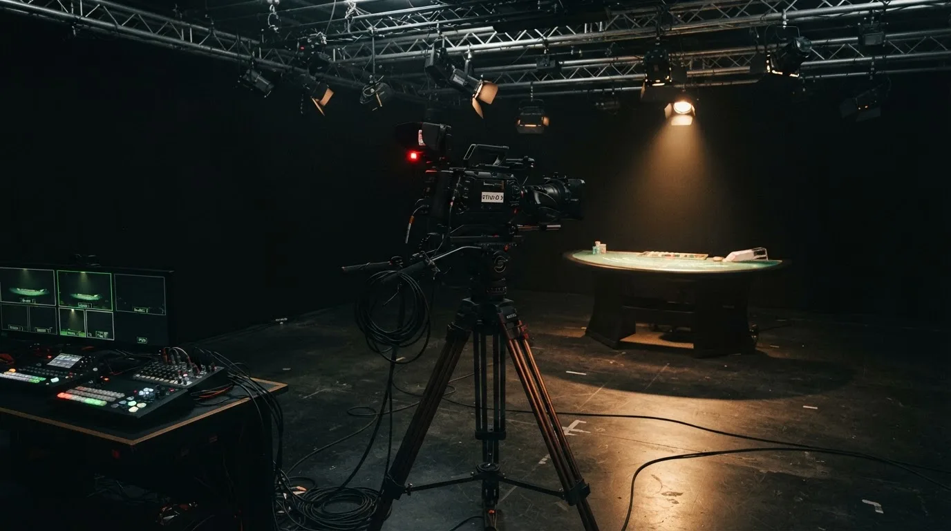 Kamera på stativ i et mørkt studio med mykt spotlys, ingen mennesker i bildet