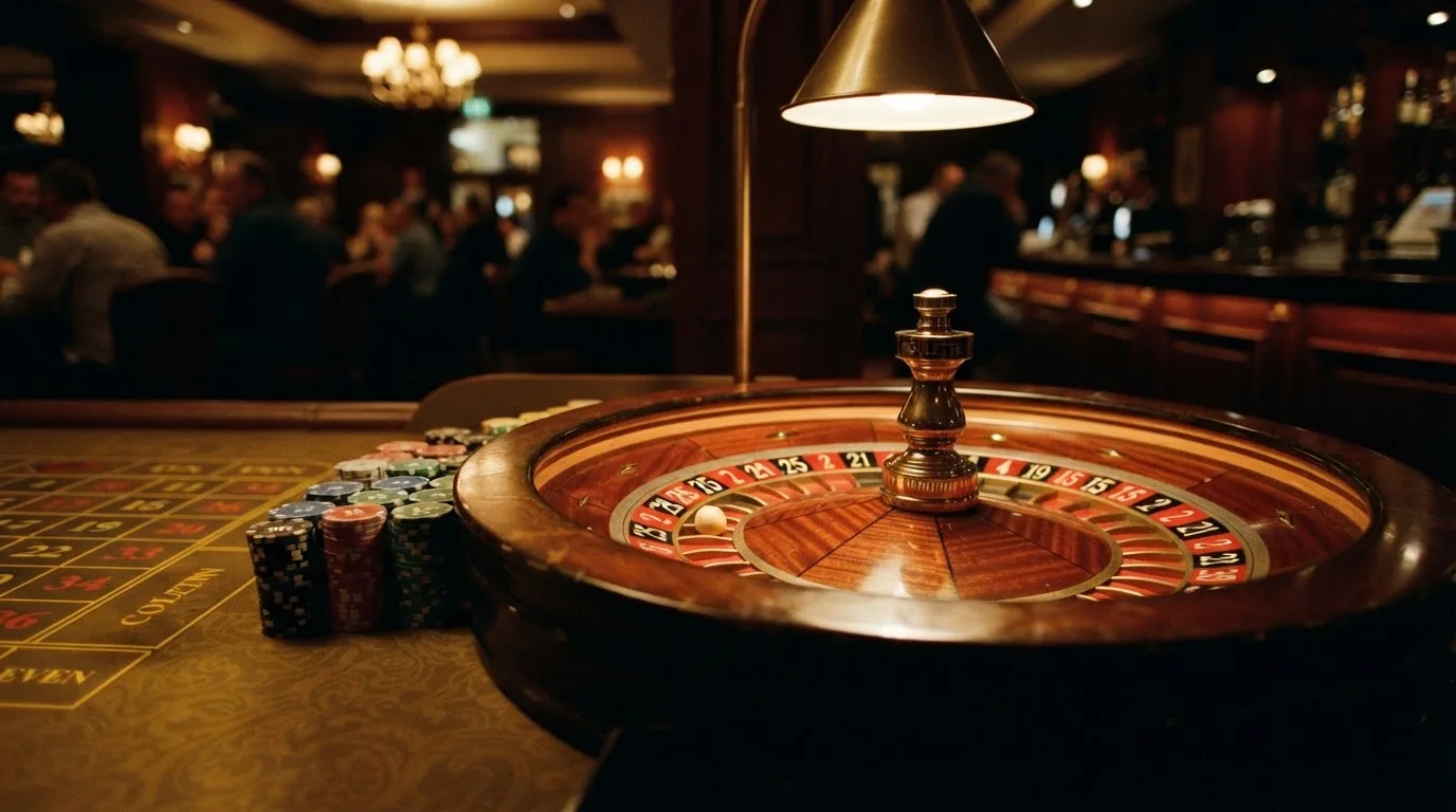 Rulettehjul og sjetonger på grønn filt i varmt kveldslys — live roulette in norway