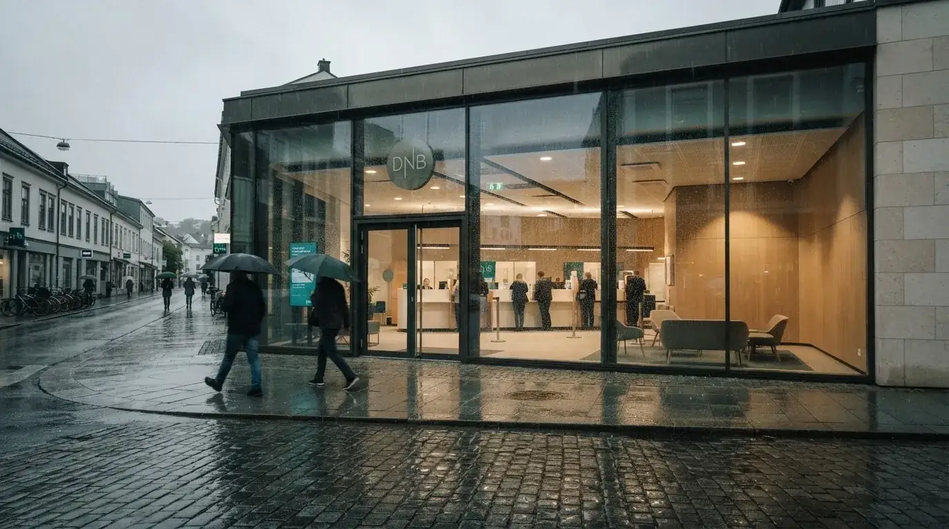 Bankfilial med store vinduer i en norsk by i regnvær, noen med paraplyer utenfor