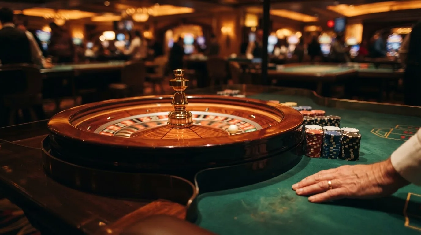 Rulettehjul og sjetonger på grønn filt i varmt kveldslys — norske casinoer på android