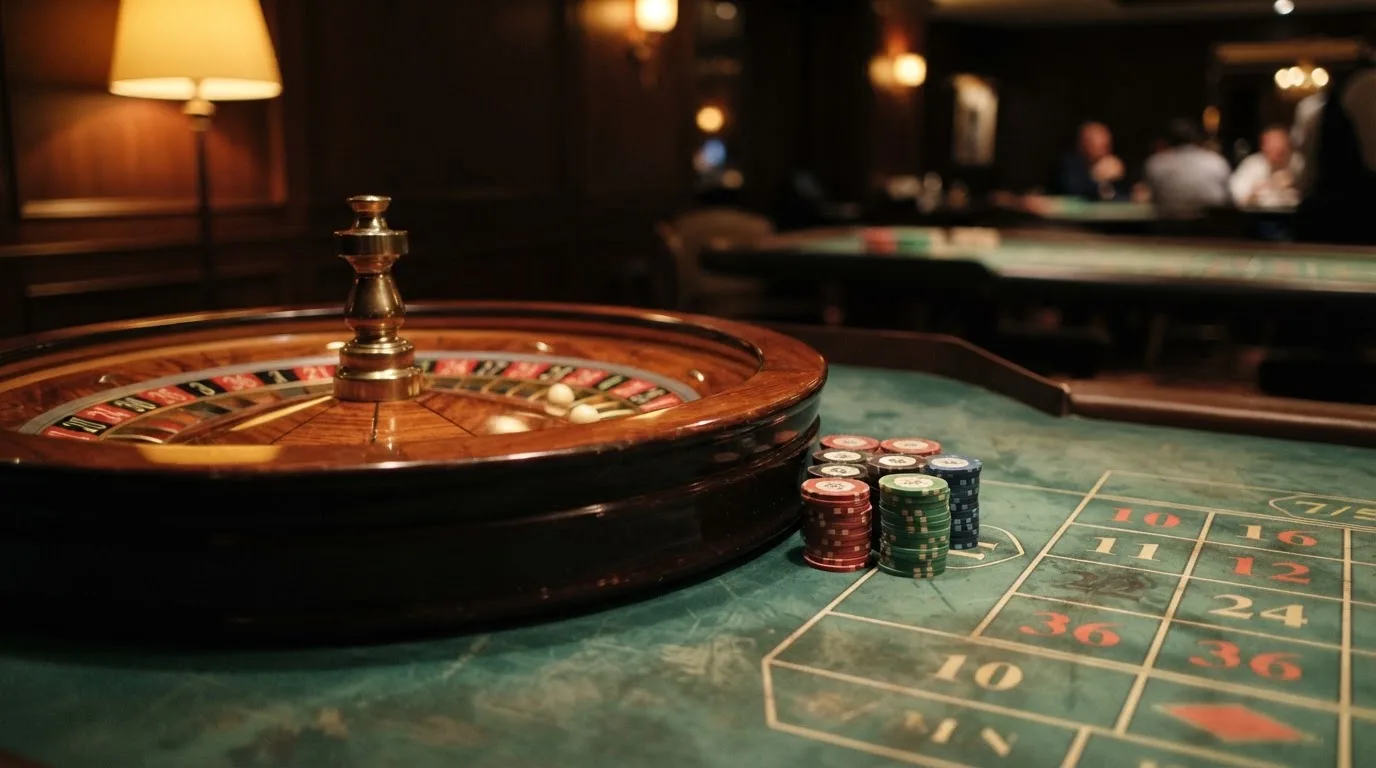 Rulettehjul og sjetonger på grønn filt i varmt kveldslys — norske casinoer på ios