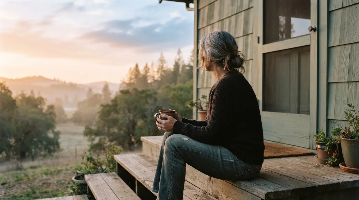 Kvinne som sitter på en trapp utenfor et hus i soloppgang med en kopp kaffe, stille morgenstemning